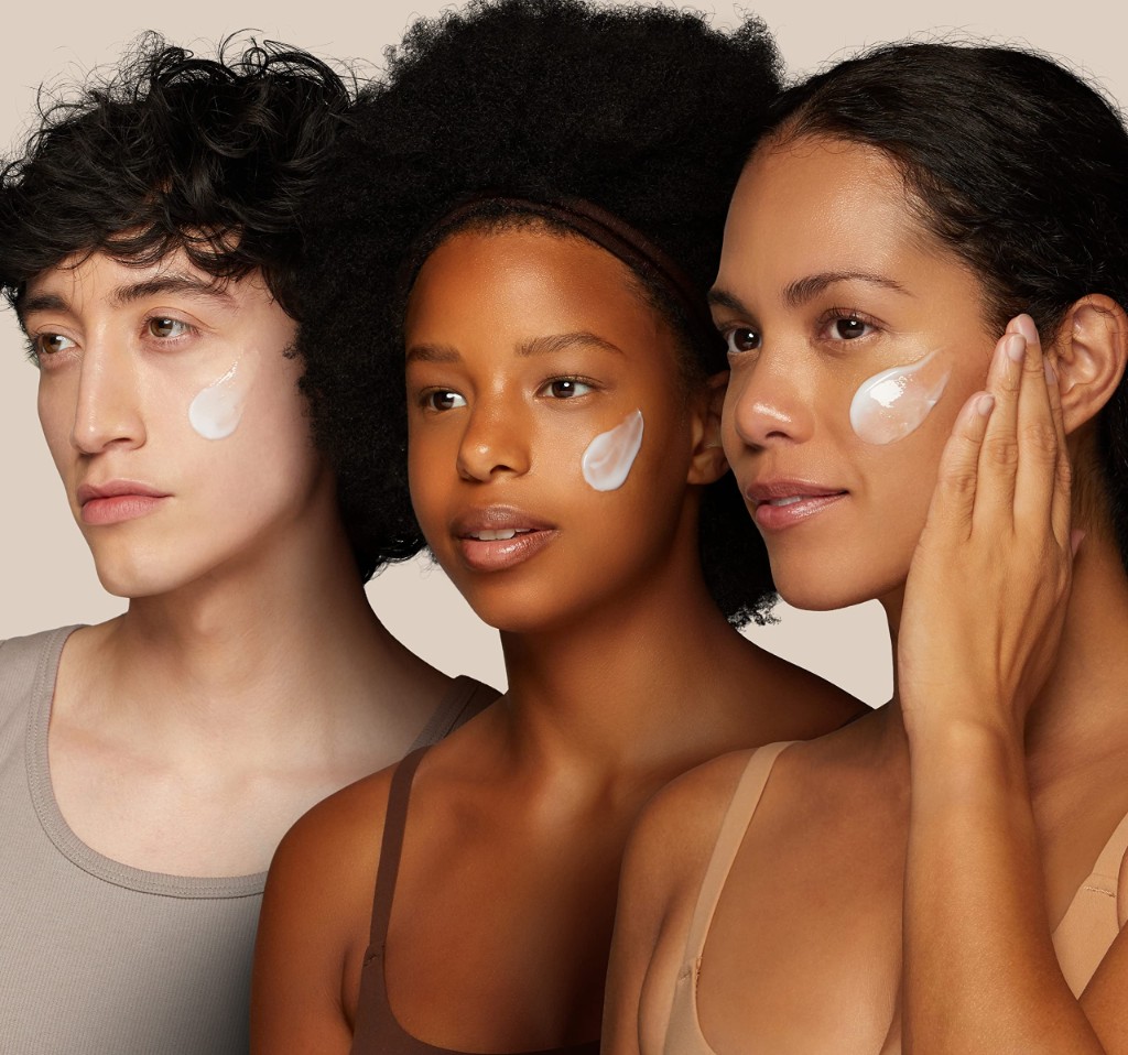 Diverse men and women with LifeCell cream applied — suitable for all skin types